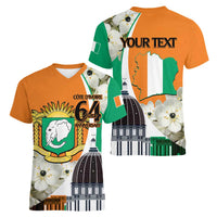 Personalized Ivory Coast Independence Day Women V-Neck T-Shirt Ornithogalum Arabicum Happy 64 Years Anniversary - Wonder Print Shop