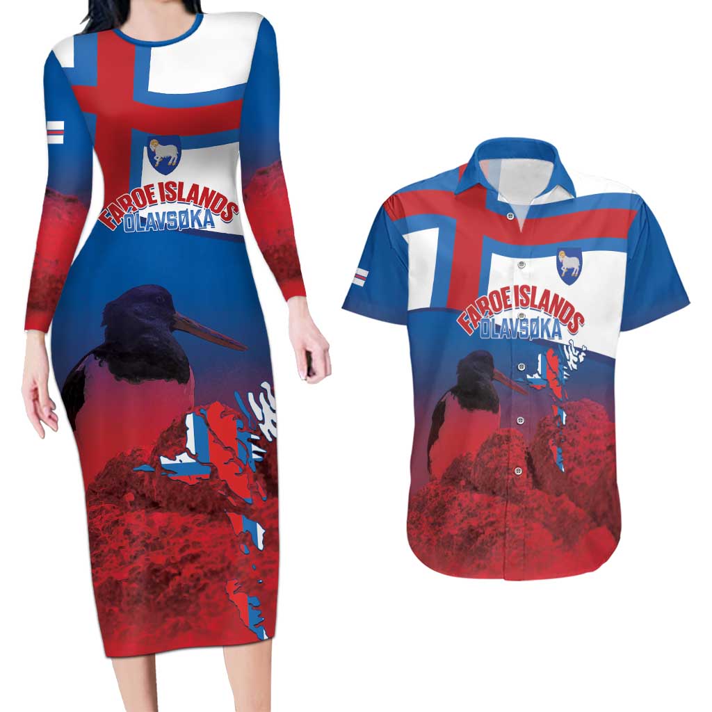 Faroe Islands National Day Couples Matching Long Sleeve Bodycon Dress and Hawaiian Shirt Olavsoka Faroes Map With Tjaldur - Wonder Print Shop