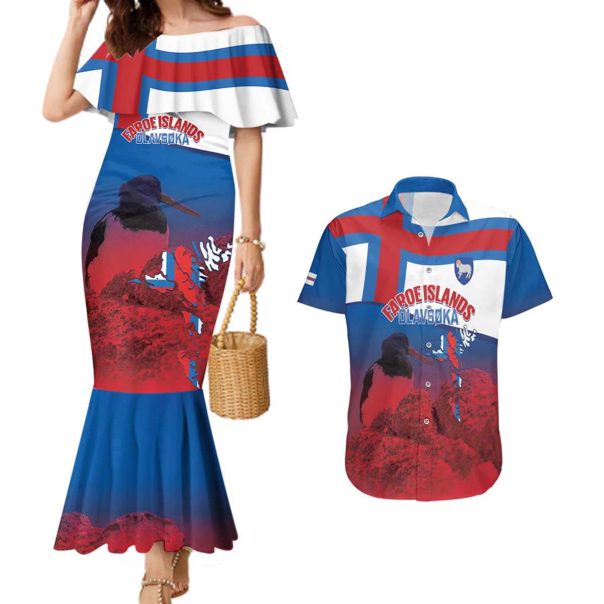 Faroe Islands National Day Couples Matching Mermaid Dress and Hawaiian Shirt Olavsoka Faroes Map With Tjaldur - Wonder Print Shop