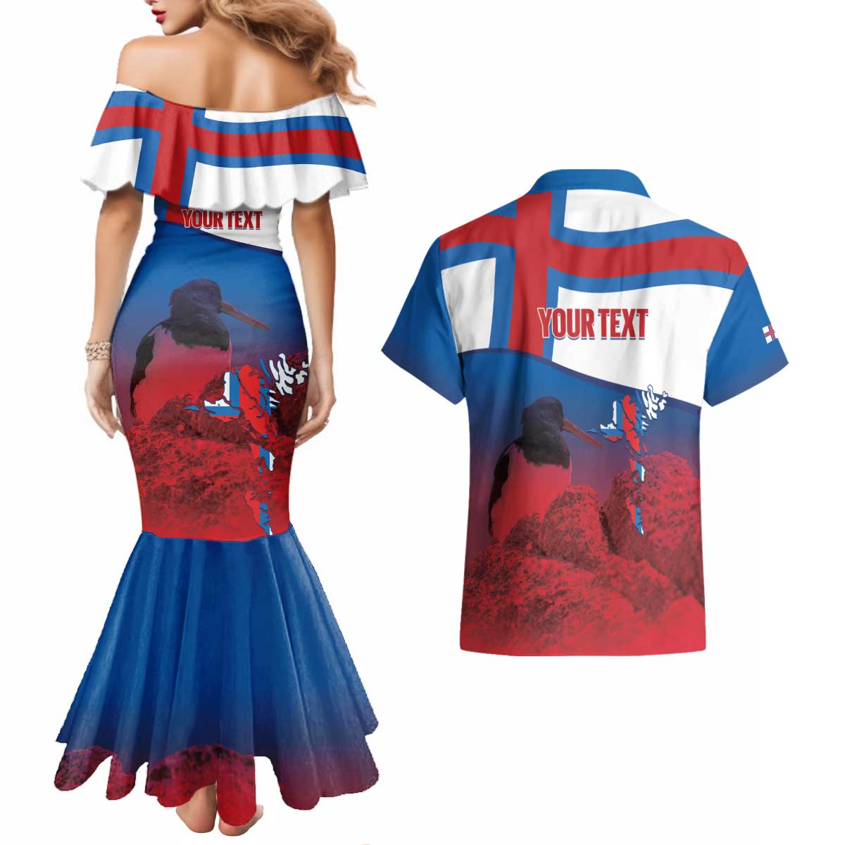Faroe Islands National Day Couples Matching Mermaid Dress and Hawaiian Shirt Olavsoka Faroes Map With Tjaldur - Wonder Print Shop