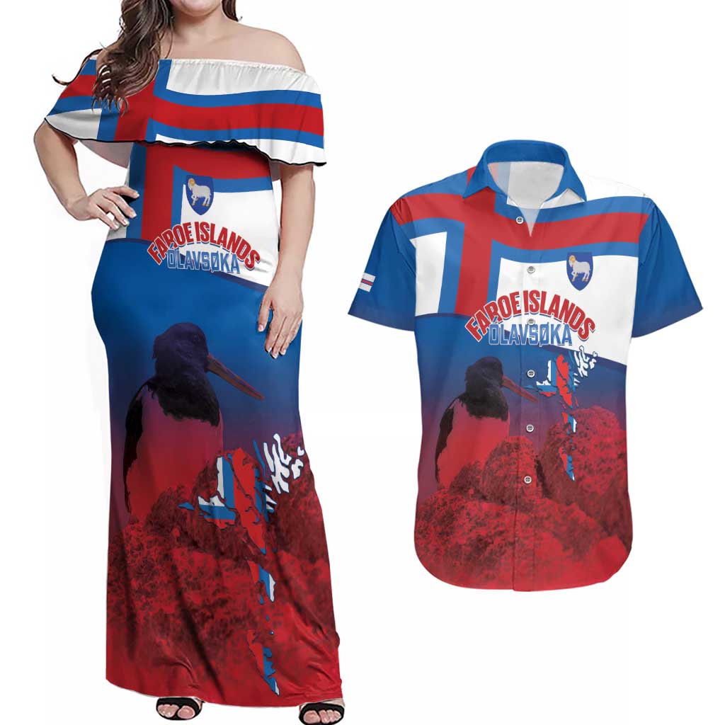 Faroe Islands National Day Couples Matching Off Shoulder Maxi Dress and Hawaiian Shirt Olavsoka Faroes Map With Tjaldur - Wonder Print Shop