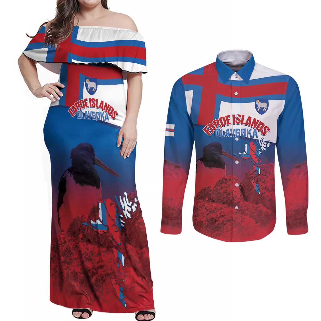 Faroe Islands National Day Couples Matching Off Shoulder Maxi Dress and Long Sleeve Button Shirt Olavsoka Faroes Map With Tjaldur - Wonder Print Shop