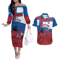 Faroe Islands National Day Couples Matching Off The Shoulder Long Sleeve Dress and Hawaiian Shirt Olavsoka Faroes Map With Tjaldur - Wonder Print Shop