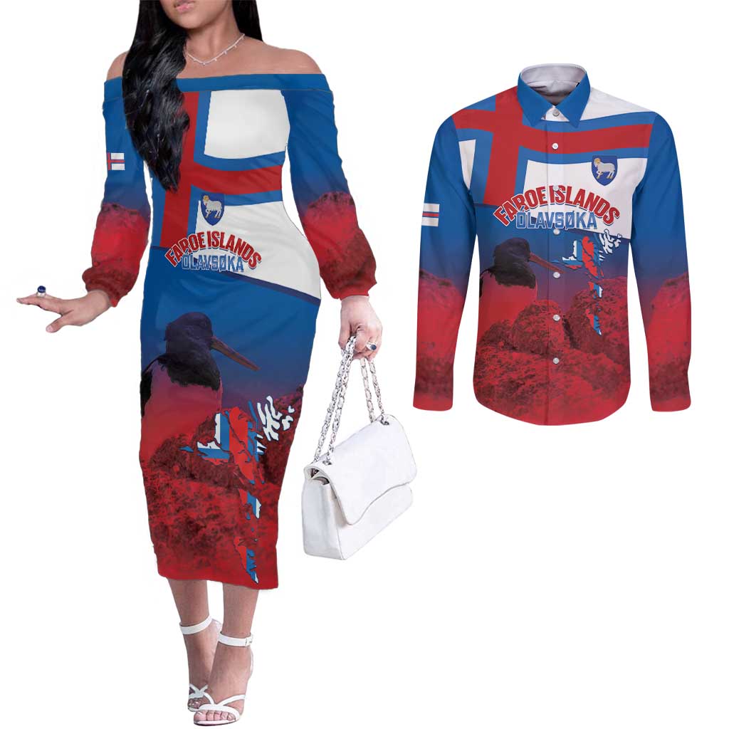 Faroe Islands National Day Couples Matching Off The Shoulder Long Sleeve Dress and Long Sleeve Button Shirt Olavsoka Faroes Map With Tjaldur - Wonder Print Shop
