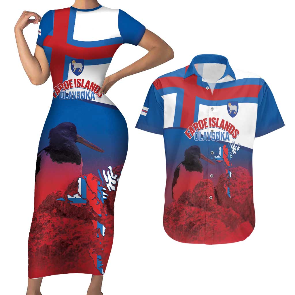 Faroe Islands National Day Couples Matching Short Sleeve Bodycon Dress and Hawaiian Shirt Olavsoka Faroes Map With Tjaldur - Wonder Print Shop