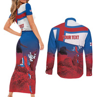 Faroe Islands National Day Couples Matching Short Sleeve Bodycon Dress and Long Sleeve Button Shirt Olavsoka Faroes Map With Tjaldur - Wonder Print Shop