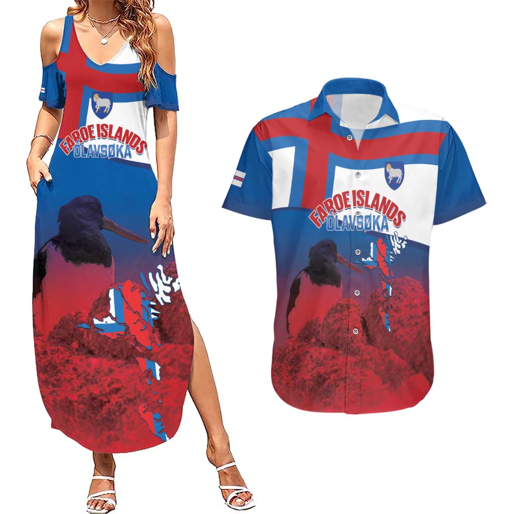 Faroe Islands National Day Couples Matching Summer Maxi Dress and Hawaiian Shirt Olavsoka Faroes Map With Tjaldur - Wonder Print Shop