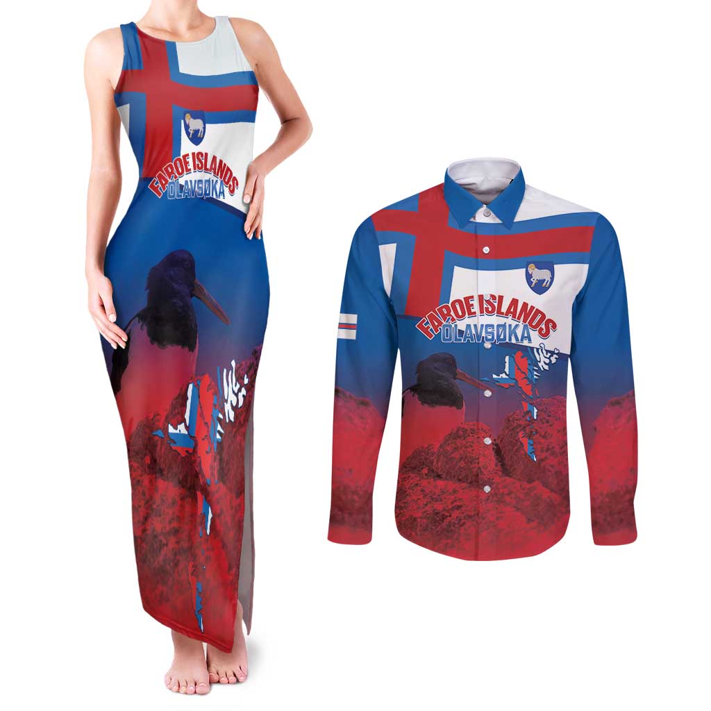 Faroe Islands National Day Couples Matching Tank Maxi Dress and Long Sleeve Button Shirt Olavsoka Faroes Map With Tjaldur - Wonder Print Shop