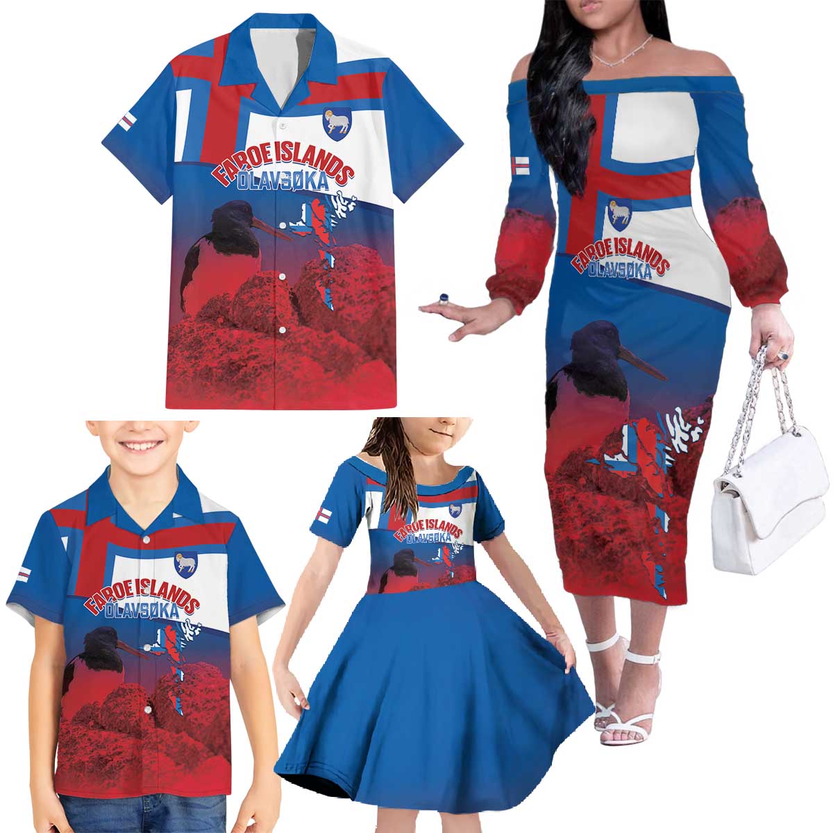 Faroe Islands National Day Family Matching Off The Shoulder Long Sleeve Dress and Hawaiian Shirt Olavsoka Faroes Map With Tjaldur - Wonder Print Shop