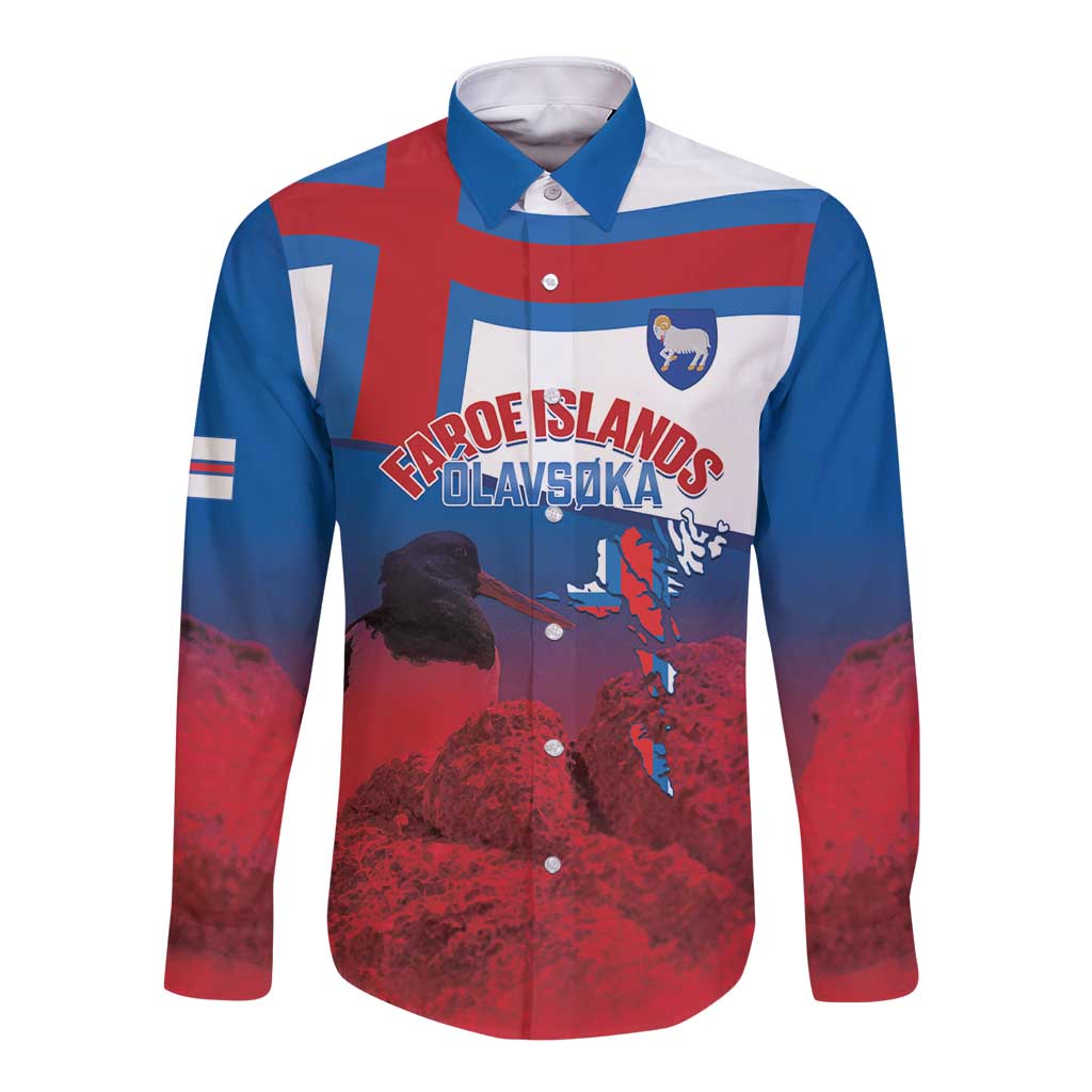 Faroe Islands National Day Long Sleeve Button Shirt Olavsoka Faroes Map With Tjaldur - Wonder Print Shop