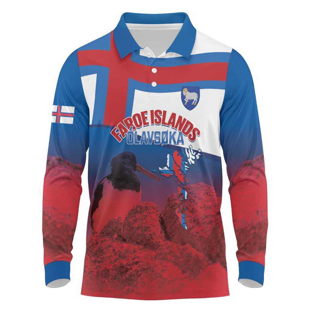 Faroe Islands National Day Long Sleeve Polo Shirt Olavsoka Faroes Map With Tjaldur - Wonder Print Shop