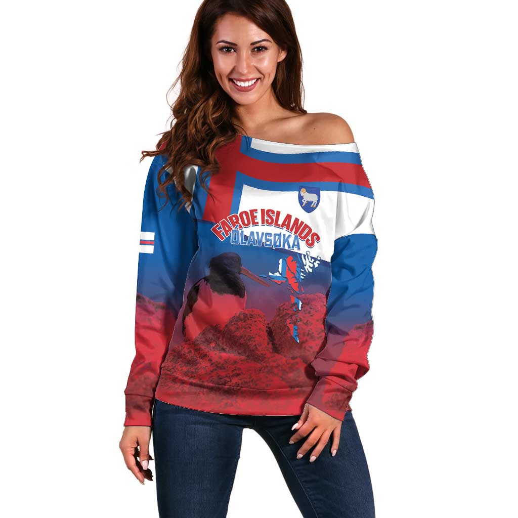 Faroe Islands National Day Off Shoulder Sweater Olavsoka Faroes Map With Tjaldur - Wonder Print Shop