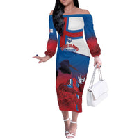 Faroe Islands National Day Off The Shoulder Long Sleeve Dress Olavsoka Faroes Map With Tjaldur - Wonder Print Shop