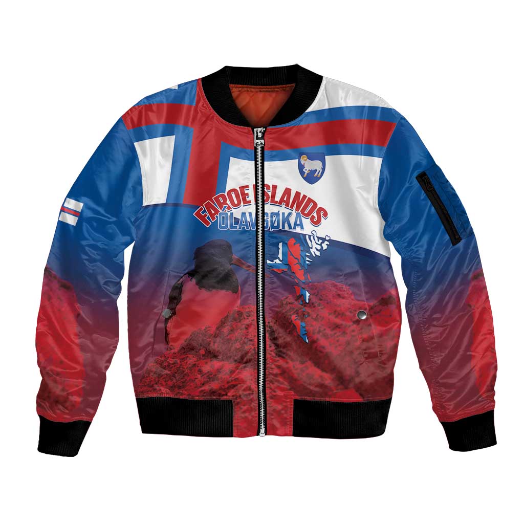 Faroe Islands National Day Sleeve Zip Bomber Jacket Olavsoka Faroes Map With Tjaldur - Wonder Print Shop