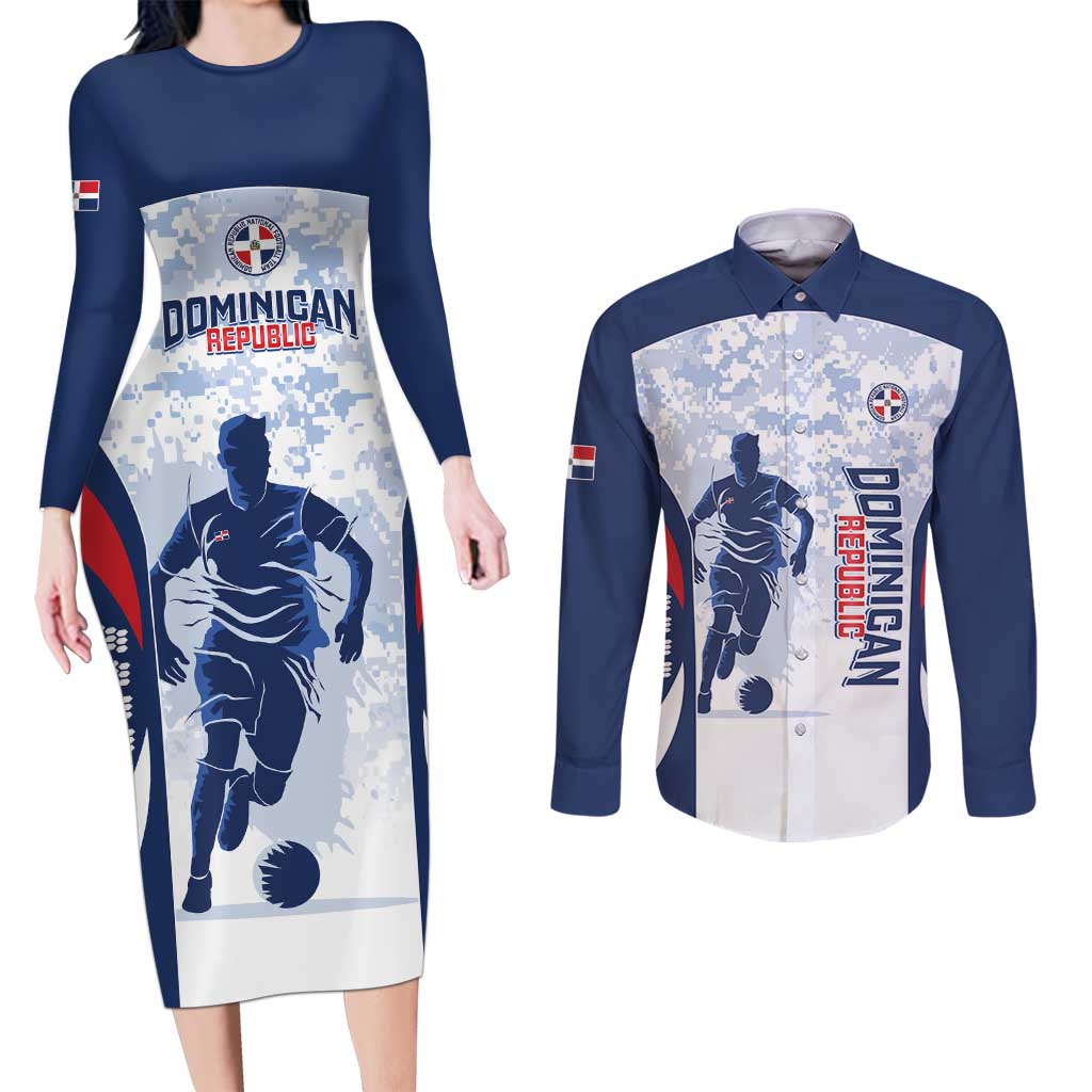 Custom Dominican Republic Football Couples Matching Long Sleeve Bodycon Dress and Long Sleeve Button Shirt Vamos Los Quisqueyanos - Wonder Print Shop