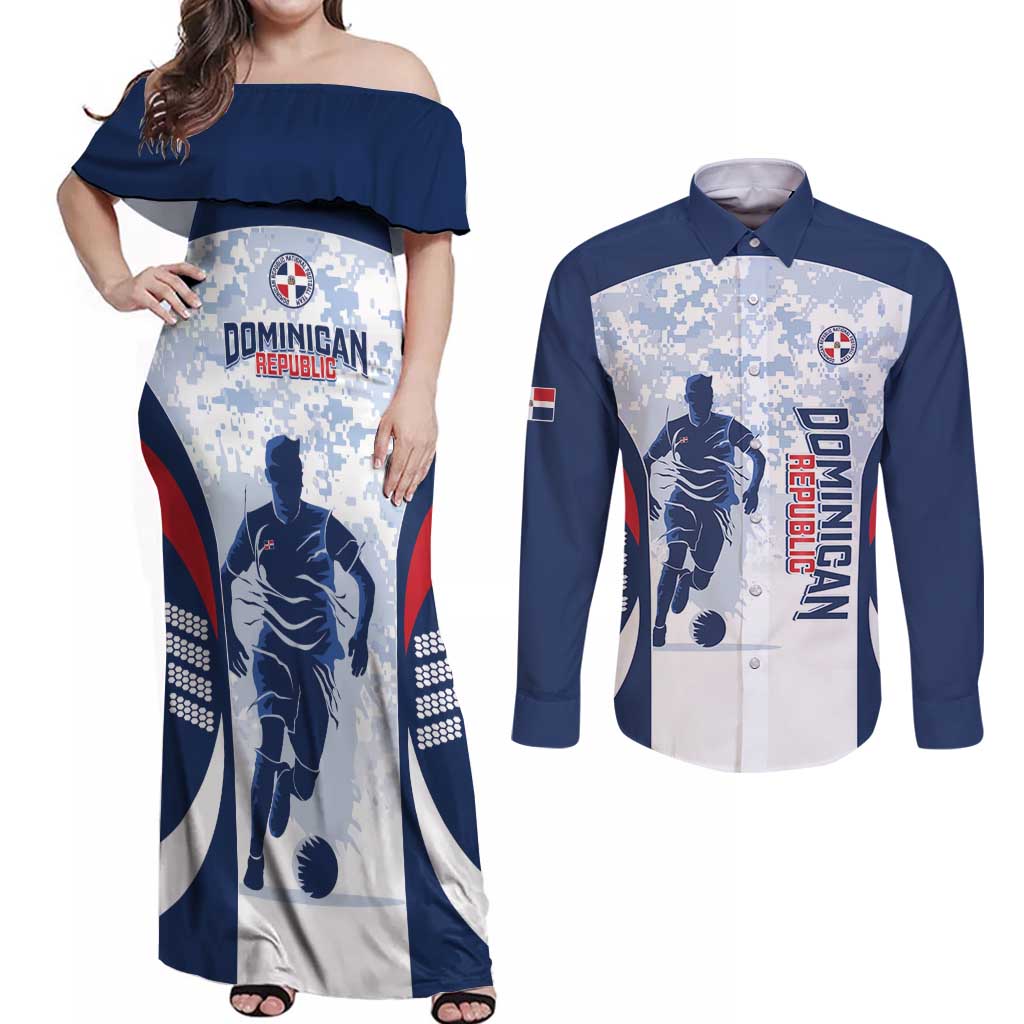 Custom Dominican Republic Football Couples Matching Off Shoulder Maxi Dress and Long Sleeve Button Shirt Vamos Los Quisqueyanos - Wonder Print Shop
