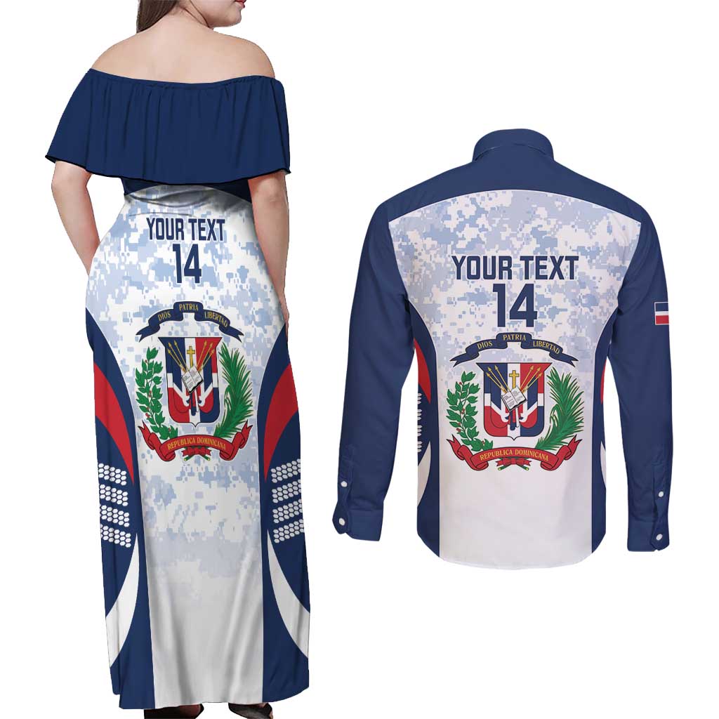 Custom Dominican Republic Football Couples Matching Off Shoulder Maxi Dress and Long Sleeve Button Shirt Vamos Los Quisqueyanos - Wonder Print Shop