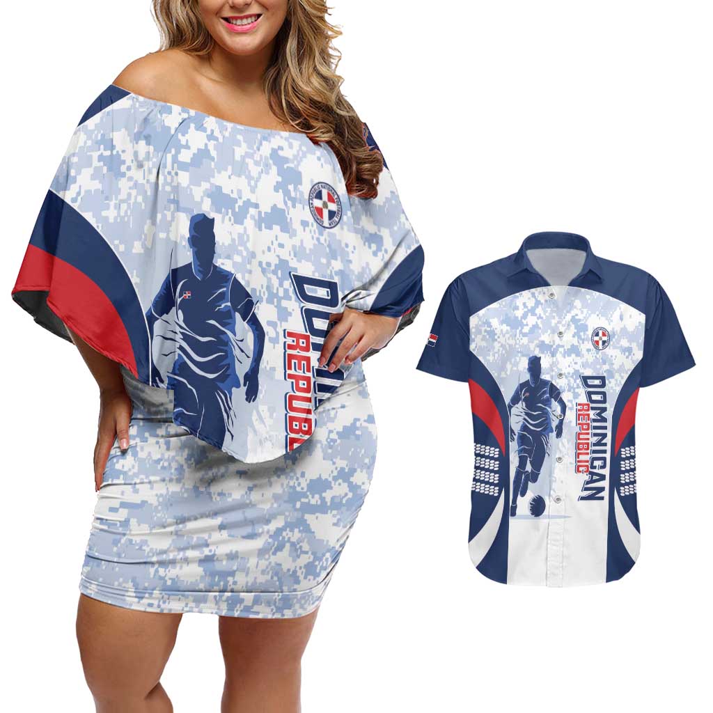 Custom Dominican Republic Football Couples Matching Off Shoulder Short Dress and Hawaiian Shirt Vamos Los Quisqueyanos - Wonder Print Shop