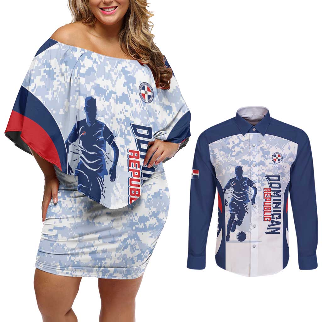Custom Dominican Republic Football Couples Matching Off Shoulder Short Dress and Long Sleeve Button Shirt Vamos Los Quisqueyanos - Wonder Print Shop