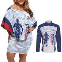 Custom Dominican Republic Football Couples Matching Off Shoulder Short Dress and Long Sleeve Button Shirt Vamos Los Quisqueyanos - Wonder Print Shop
