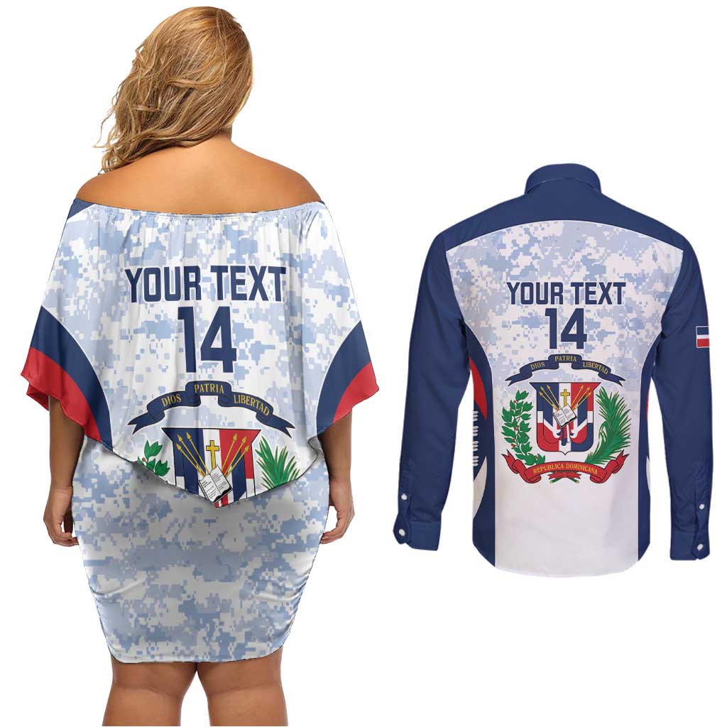 Custom Dominican Republic Football Couples Matching Off Shoulder Short Dress and Long Sleeve Button Shirt Vamos Los Quisqueyanos - Wonder Print Shop