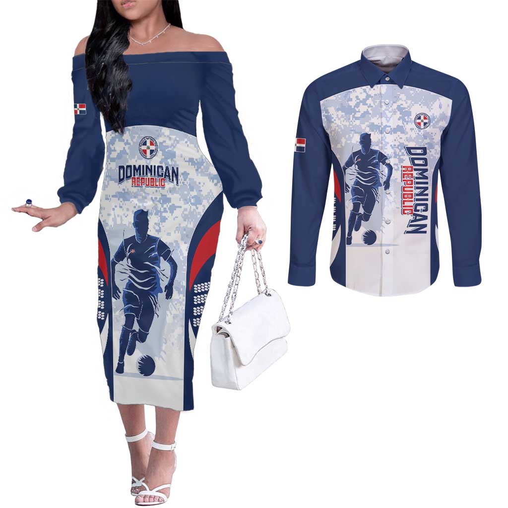 Custom Dominican Republic Football Couples Matching Off The Shoulder Long Sleeve Dress and Long Sleeve Button Shirt Vamos Los Quisqueyanos - Wonder Print Shop