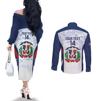 Custom Dominican Republic Football Couples Matching Off The Shoulder Long Sleeve Dress and Long Sleeve Button Shirt Vamos Los Quisqueyanos - Wonder Print Shop