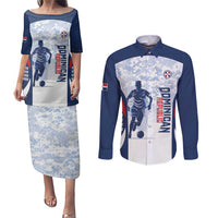Custom Dominican Republic Football Couples Matching Puletasi and Long Sleeve Button Shirt Vamos Los Quisqueyanos - Wonder Print Shop