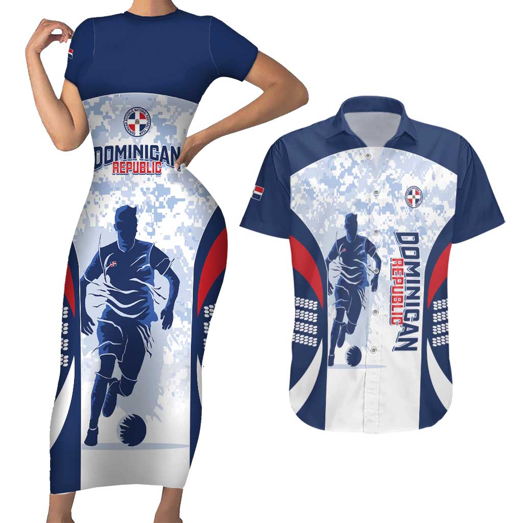 Custom Dominican Republic Football Couples Matching Short Sleeve Bodycon Dress and Hawaiian Shirt Vamos Los Quisqueyanos - Wonder Print Shop