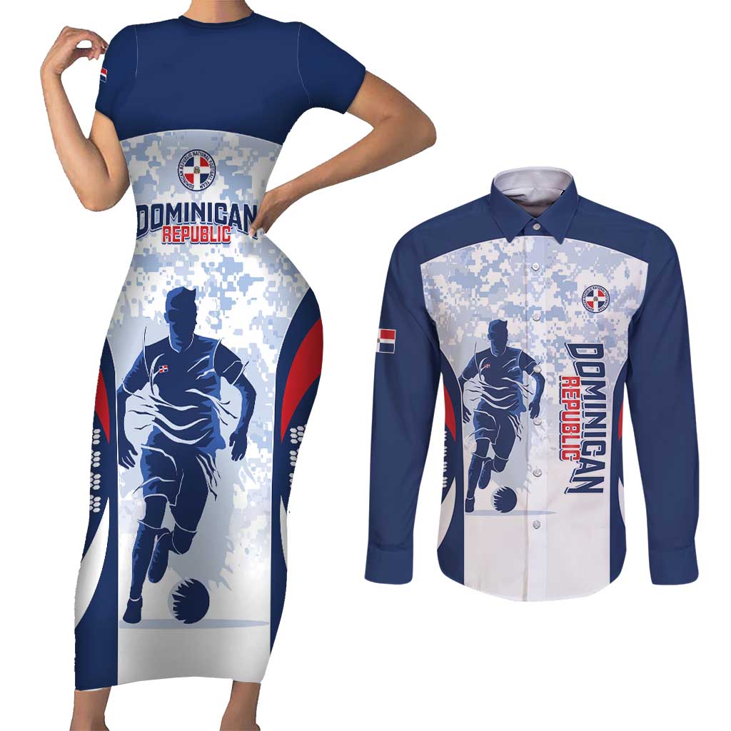 Custom Dominican Republic Football Couples Matching Short Sleeve Bodycon Dress and Long Sleeve Button Shirt Vamos Los Quisqueyanos - Wonder Print Shop