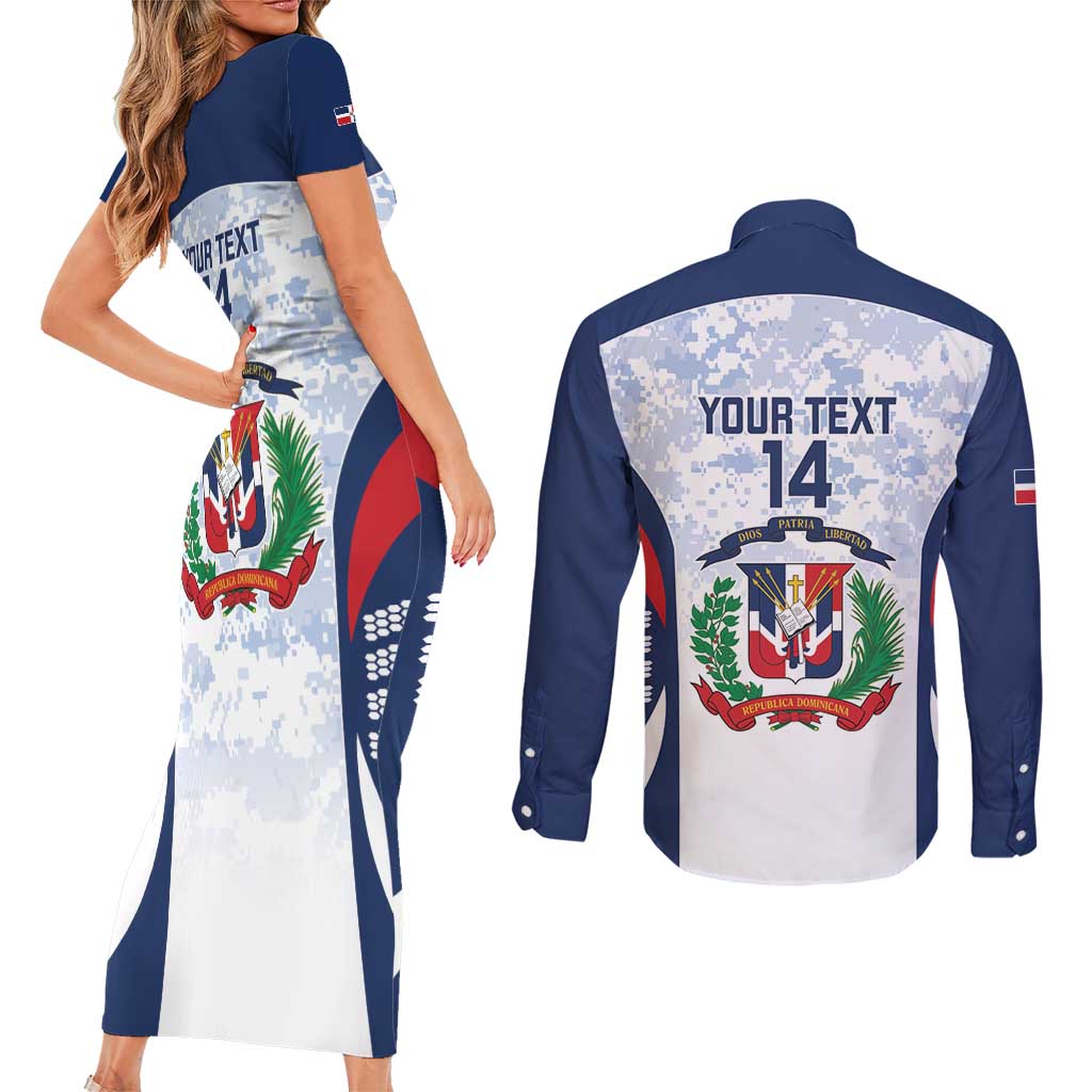 Custom Dominican Republic Football Couples Matching Short Sleeve Bodycon Dress and Long Sleeve Button Shirt Vamos Los Quisqueyanos - Wonder Print Shop