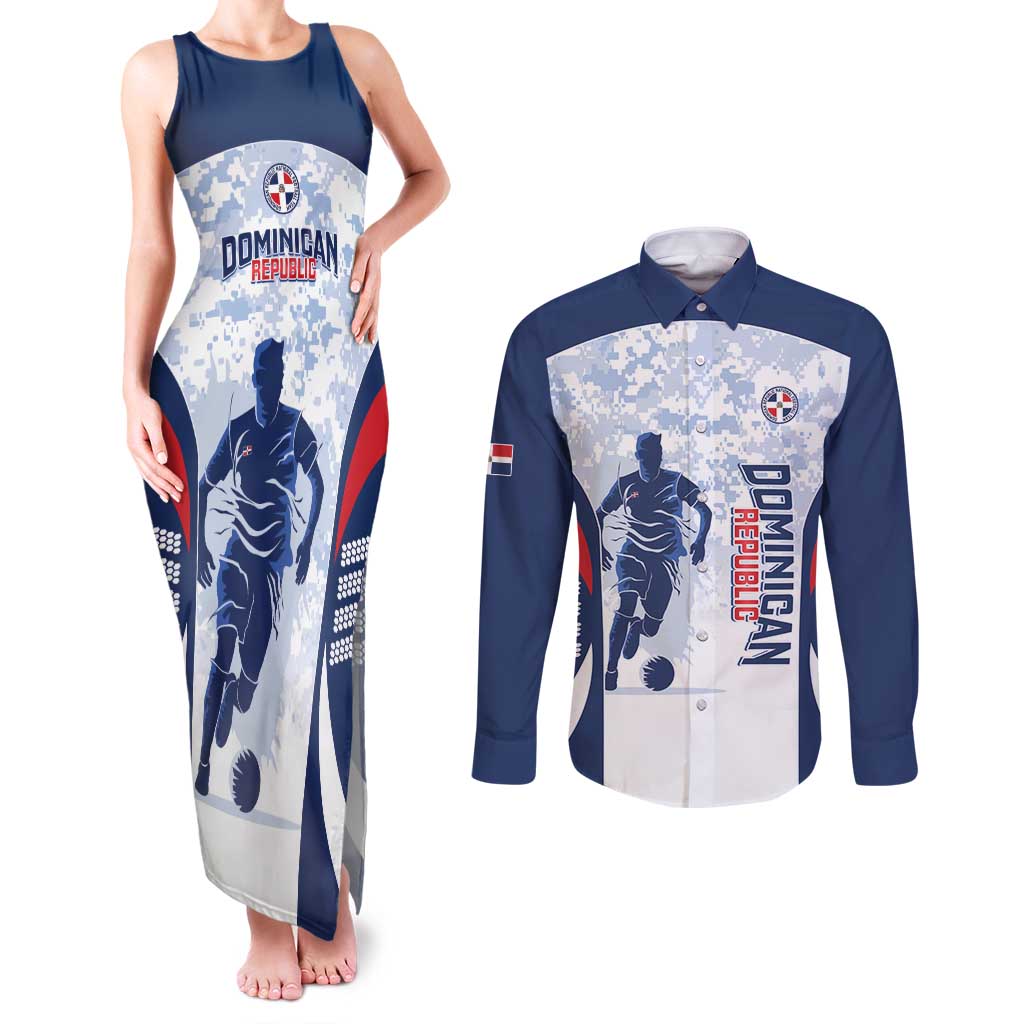 Custom Dominican Republic Football Couples Matching Tank Maxi Dress and Long Sleeve Button Shirt Vamos Los Quisqueyanos - Wonder Print Shop