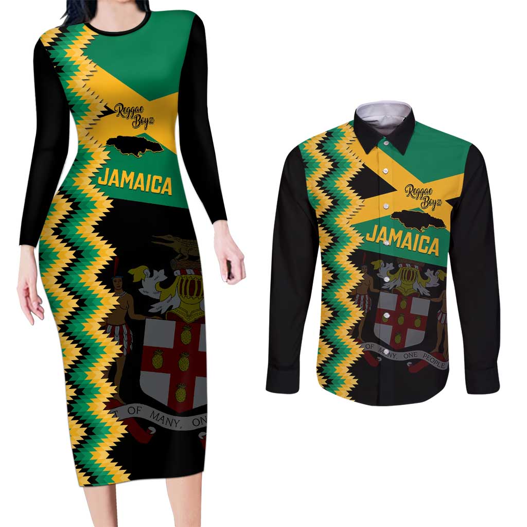 Custom Jamaica Football Couples Matching Long Sleeve Bodycon Dress and Long Sleeve Button Shirt Go Reggae Boyz - Wonder Print Shop