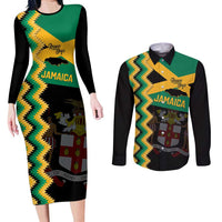 Custom Jamaica Football Couples Matching Long Sleeve Bodycon Dress and Long Sleeve Button Shirt Go Reggae Boyz - Wonder Print Shop