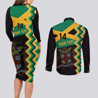 Custom Jamaica Football Couples Matching Long Sleeve Bodycon Dress and Long Sleeve Button Shirt Go Reggae Boyz - Wonder Print Shop