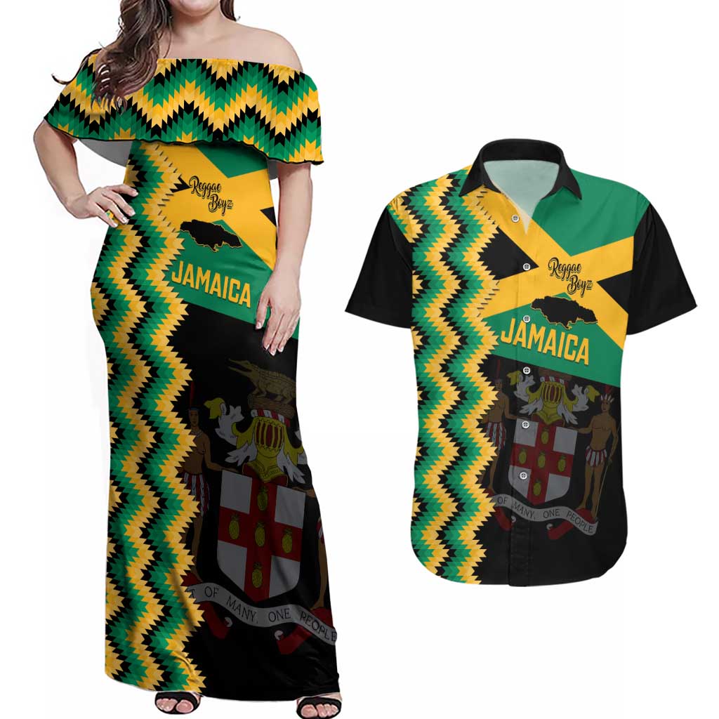 Custom Jamaica Football Couples Matching Off Shoulder Maxi Dress and Hawaiian Shirt Go Reggae Boyz - Wonder Print Shop