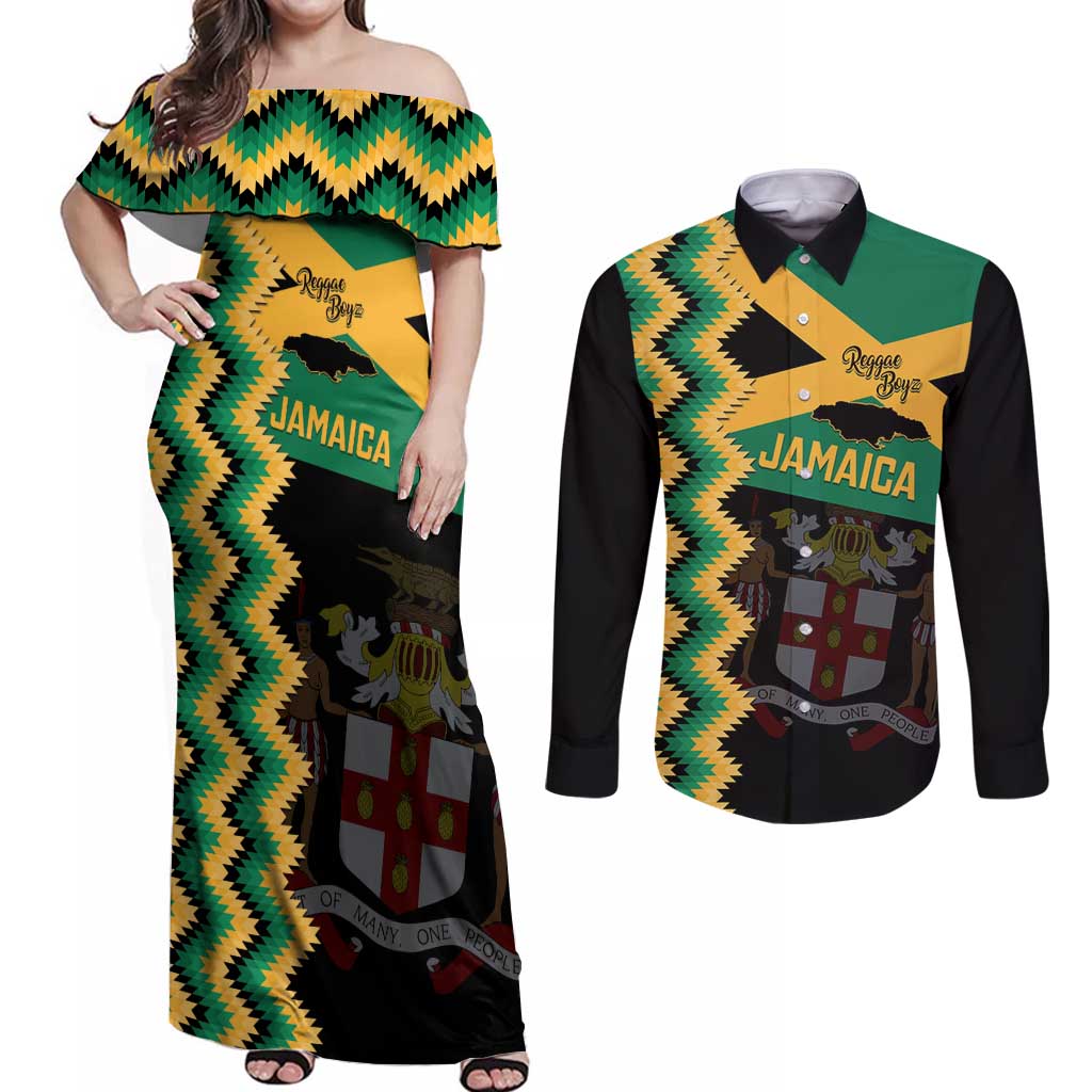 Custom Jamaica Football Couples Matching Off Shoulder Maxi Dress and Long Sleeve Button Shirt Go Reggae Boyz - Wonder Print Shop