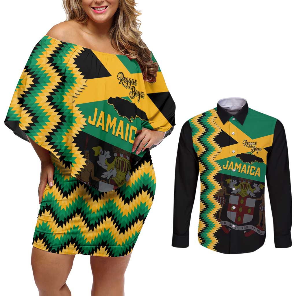 Custom Jamaica Football Couples Matching Off Shoulder Short Dress and Long Sleeve Button Shirt Go Reggae Boyz - Wonder Print Shop