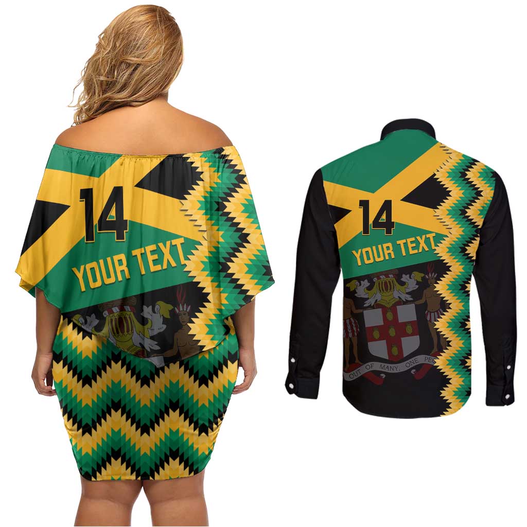 Custom Jamaica Football Couples Matching Off Shoulder Short Dress and Long Sleeve Button Shirt Go Reggae Boyz - Wonder Print Shop