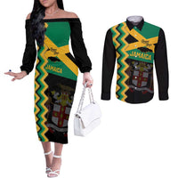 Custom Jamaica Football Couples Matching Off The Shoulder Long Sleeve Dress and Long Sleeve Button Shirt Go Reggae Boyz - Wonder Print Shop