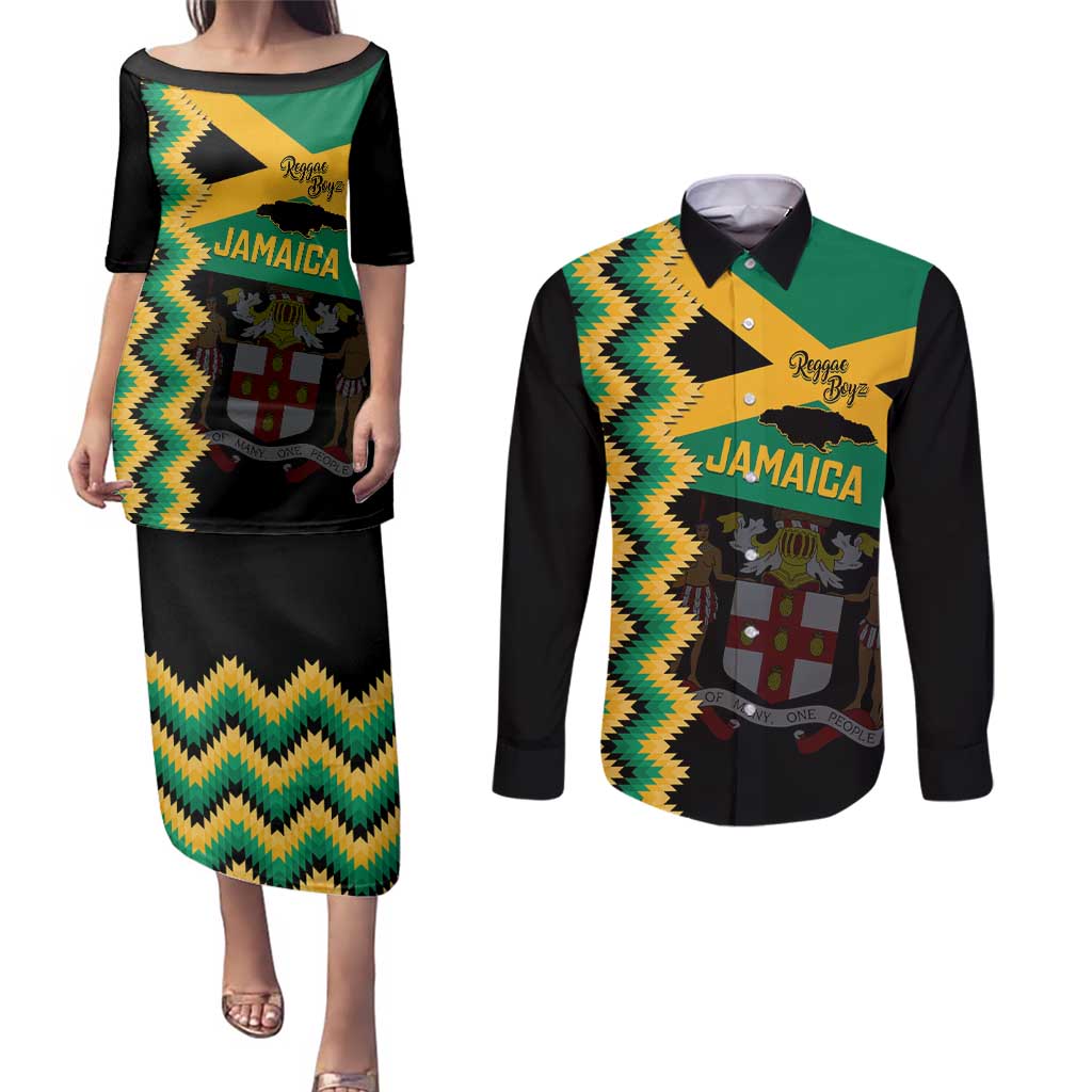 Custom Jamaica Football Couples Matching Puletasi and Long Sleeve Button Shirt Go Reggae Boyz - Wonder Print Shop