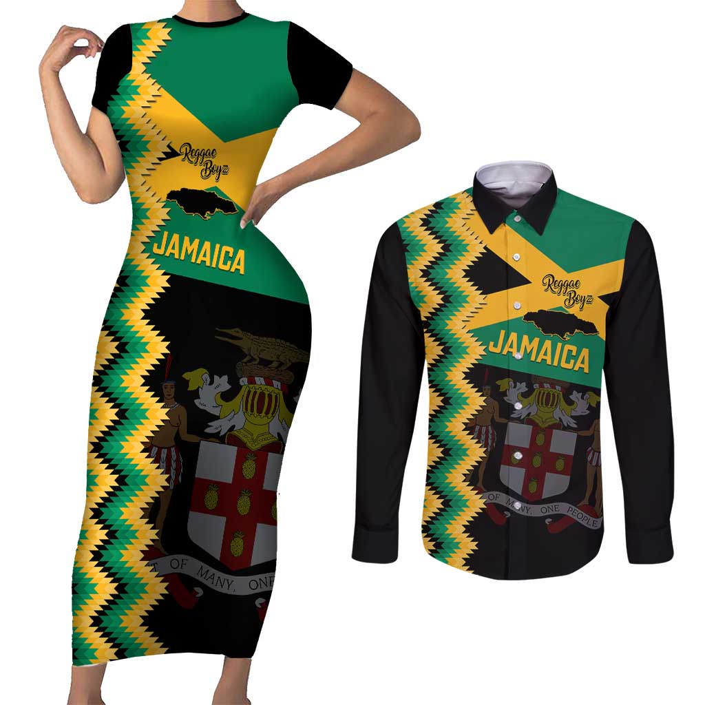 Custom Jamaica Football Couples Matching Short Sleeve Bodycon Dress and Long Sleeve Button Shirt Go Reggae Boyz - Wonder Print Shop