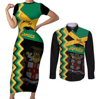 Custom Jamaica Football Couples Matching Short Sleeve Bodycon Dress and Long Sleeve Button Shirt Go Reggae Boyz - Wonder Print Shop