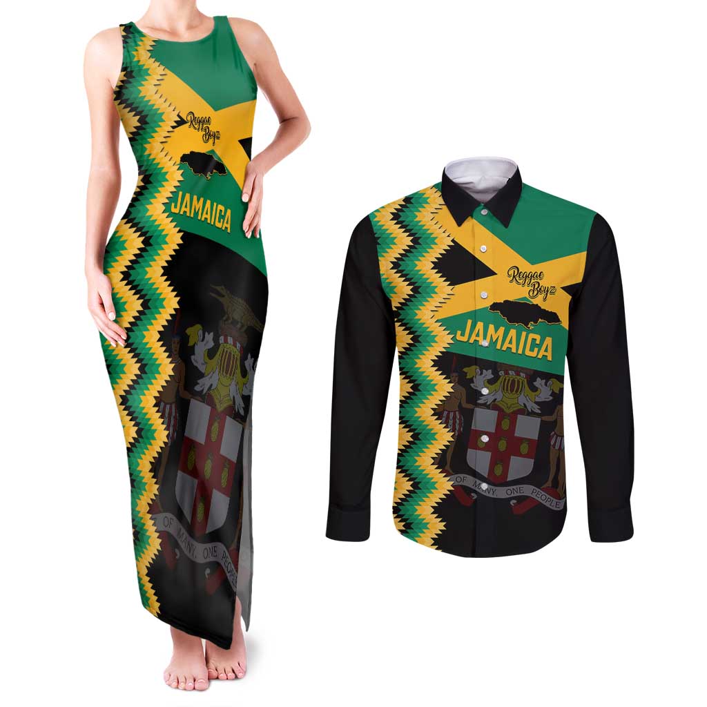 Custom Jamaica Football Couples Matching Tank Maxi Dress and Long Sleeve Button Shirt Go Reggae Boyz - Wonder Print Shop
