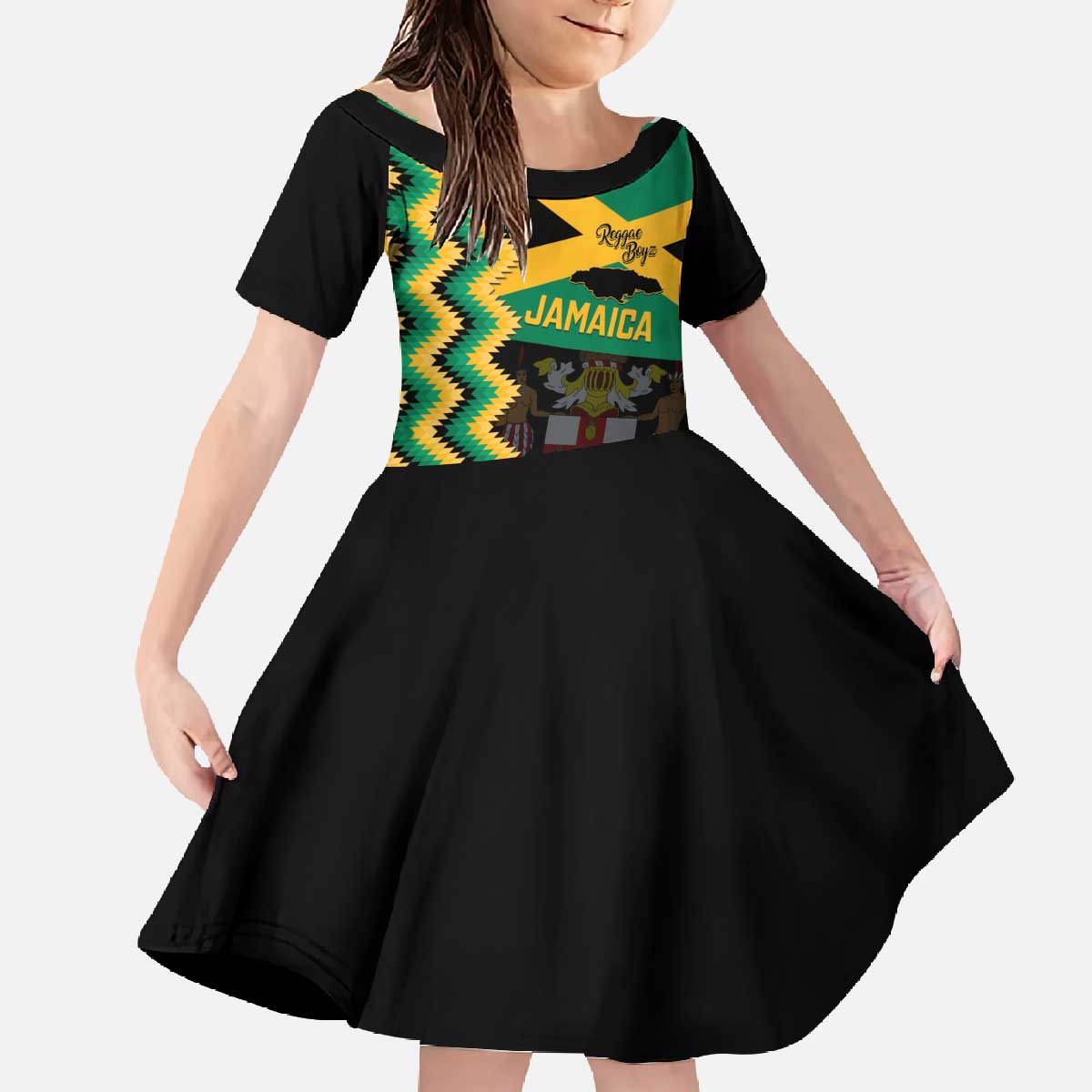 Custom Jamaica Football Family Matching Off The Shoulder Long Sleeve Dress and Hawaiian Shirt Go Reggae Boyz - Wonder Print Shop