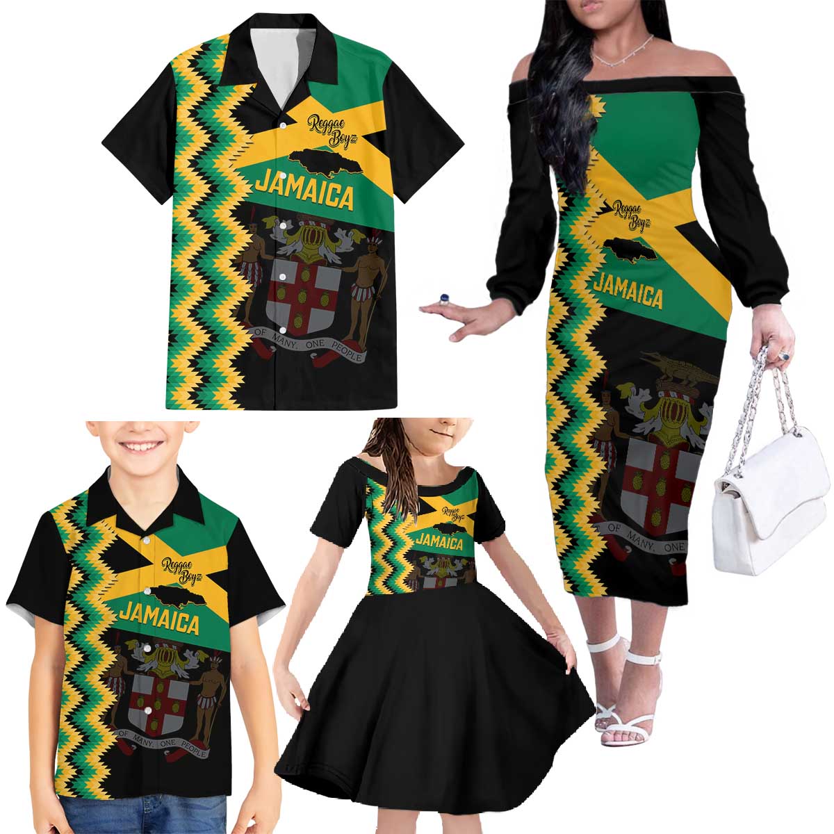Custom Jamaica Football Family Matching Off The Shoulder Long Sleeve Dress and Hawaiian Shirt Go Reggae Boyz - Wonder Print Shop