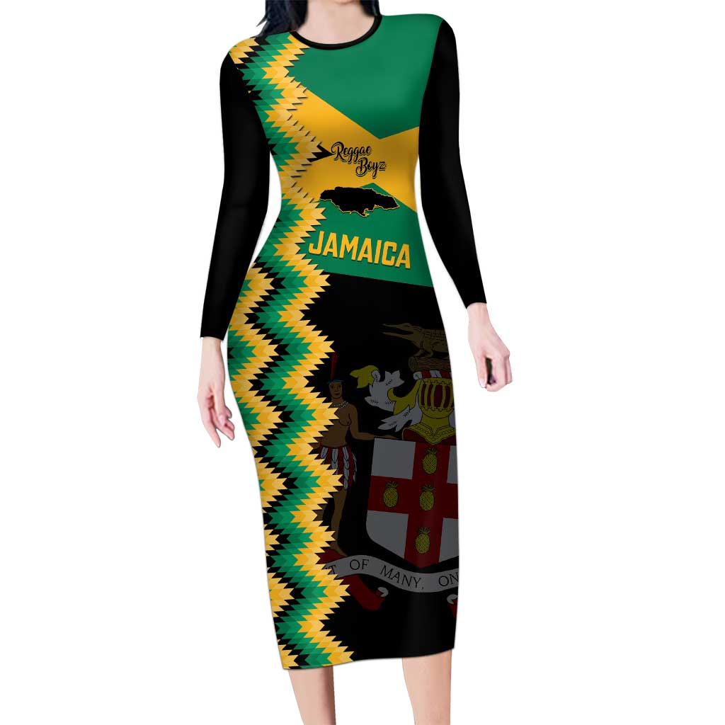 Custom Jamaica Football Long Sleeve Bodycon Dress Go Reggae Boyz - Wonder Print Shop