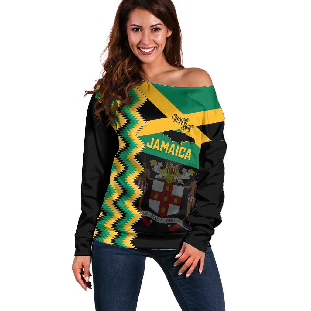 Custom Jamaica Football Off Shoulder Sweater Go Reggae Boyz - Wonder Print Shop