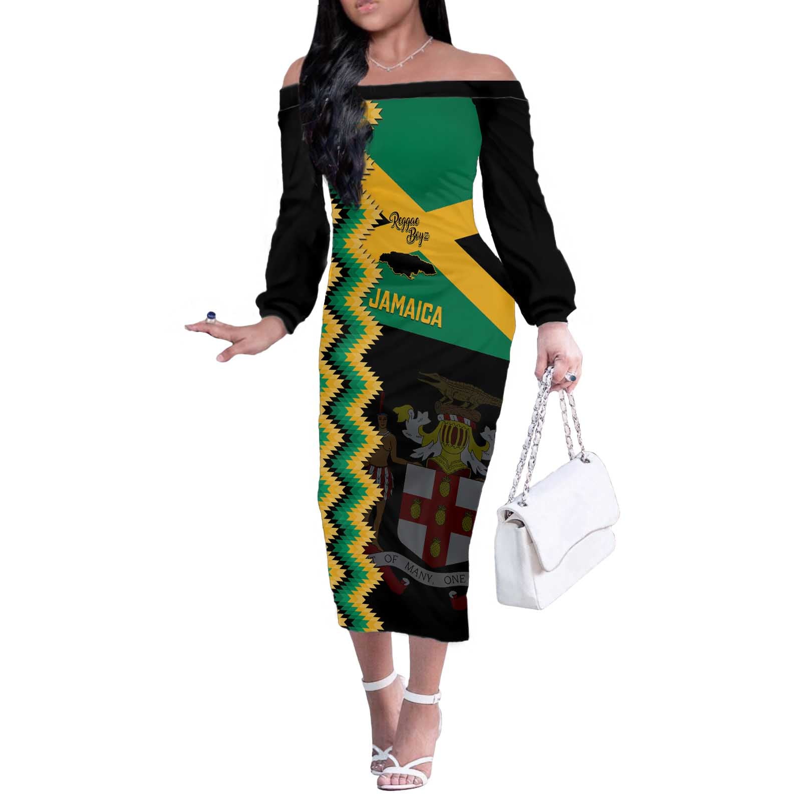 Custom Jamaica Football Off The Shoulder Long Sleeve Dress Go Reggae Boyz - Wonder Print Shop