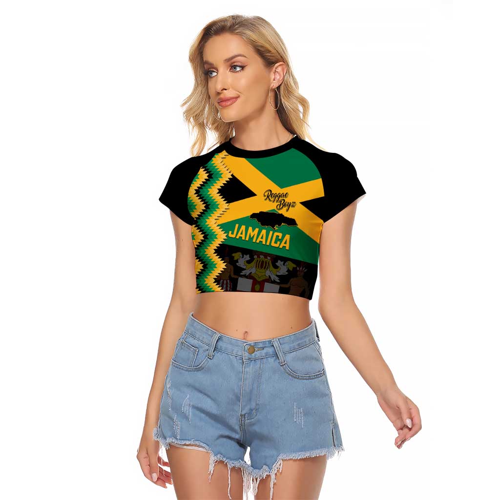Custom Jamaica Football Raglan Cropped T Shirt Go Reggae Boyz - Wonder Print Shop